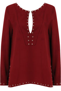 Wine Studded Detail Long Sleeve Tops