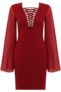 Wine Lace Up Front Chiffon Sleeve Evening Dress