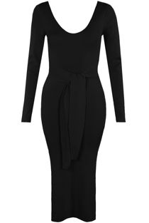 Black Fine Knit Midi Dress With Tie Front
