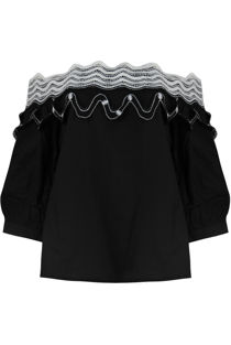 Black Lace Embellished Off Shoulder Crop Tops
