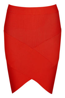 Red Ribbed Crossover Pencil Skirt