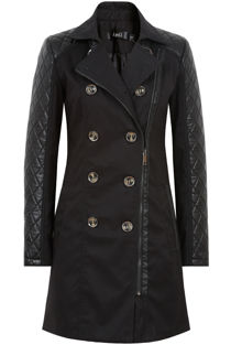 Black Qulited PVC Sleeved Side Zip Trench Coat