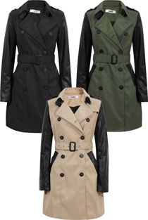 Khaki PU Sleeved Trench Coats