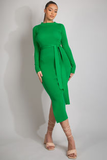 Green Ribbed Round Neck Belted Midi Dress