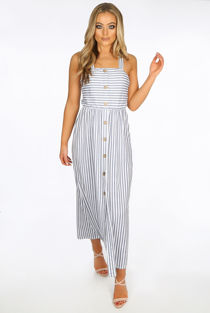 Light Blue Small Striped Front Button Up Maxi Dress