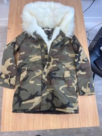 White Faux Fur Lined Camouflage Hooded Parka Coat