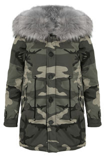 Grey Camouflage Parka Coat with Fur Hood