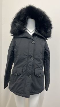 Black Quilted Jacket with Faux Fur Hood and Sleeve Zip Pocket