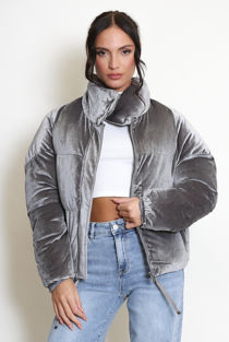 Grey Velvet Funnel Neck Quilted Jacket 