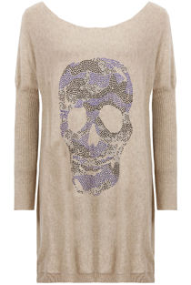 Beige Coloured Skull Detail Long Sleeve Baggy Jumper
