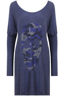 Navy Coloured Skull Detail Long Sleeve Baggy Jumper
