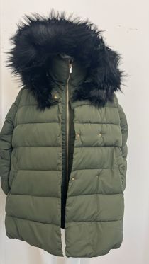 Khaki Wrap Puffer Coat with Faux Fur Hood