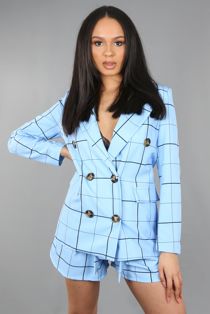 Blue Check Print Tailored Belted Shorts & Blazer Set