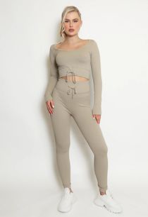 Taupe Ribbed Low Neck Top & Leggings Co-Ord 