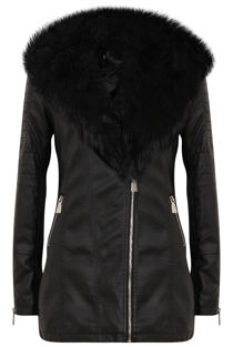 Black PU Detachable Fur Collar Jacket