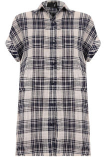 Blue Contrast Tartan Print Roll Up Sleeve Tops