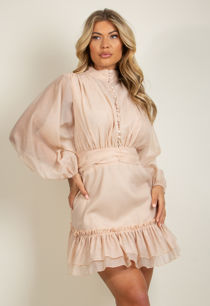 Beige Organza Button Detail Mini Dress
