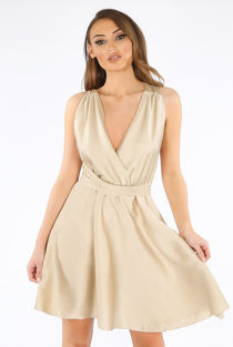 Beige Crossover Back Plunge Drape Dress