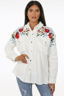 Embroidery Floral Trim Denim Oversize Jacket 