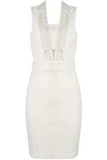  Crochet Lace Front Trim Bodycon Dress in Cream