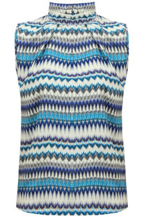Blue Wavy Print Back Zip Detail Pleated Top