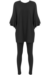 Black Ribbed Frill Sleeved Top & Trouser Set