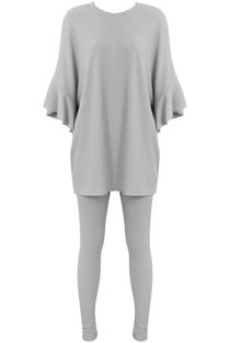 Grey Ribbed Frill Sleeved Top & Trouser Set