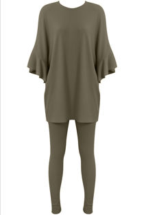 Khaki Ribbed Frill Sleeved Top & Trouser Set