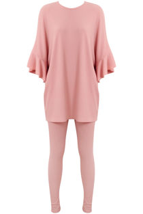 Pink Ribbed Frill Sleeved Top & Trouser Set