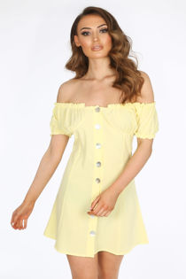 Yellow Button Up Bardot Mini Dress