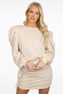 Nude Sweatshirt And Ruched Mini Skirt Set-