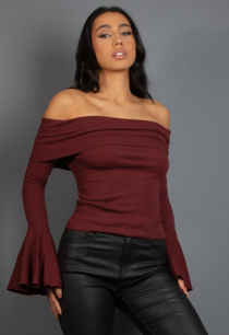 Wine Bardot Flute Sleeve Top