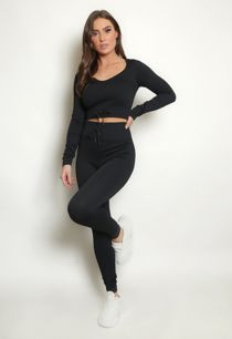 Black Ribbed Low Neck Top & Leggings Co-Ord 