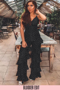 Polka Dot Chiffon Frill Jumpsuit In Black