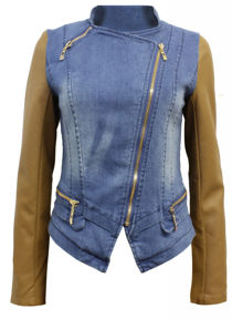 Denim Blue Zipped Pockets Camel PVC Arm Jacket