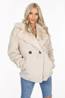 Beige Double Button Faux Fur Jacket