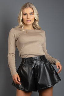 Beige Round Neck Fine Knit Jumper With Button Detail