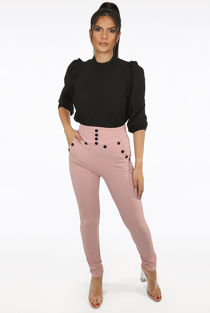 Pink High Waist Button Trim Trousers