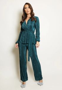 Green Belted Plisse V Neck Blouse And Trouser Set