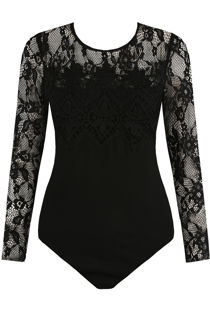 Black Mesh Lace Shoulders Bodysuit