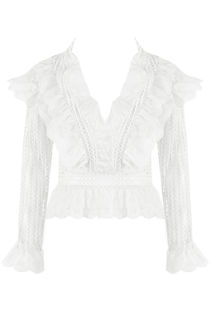 White Lace Mesh Plunge Neck Blouse