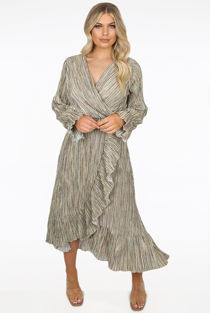 Metallic Stripe Print Wrap Midi Dress