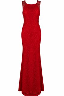 Red Stone Textured Lace Maxi Dress 