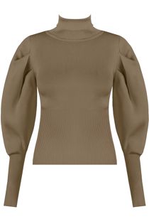 Taupe Pleated Sleeve High Neck Ribbed Jumper