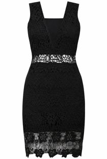 Black Crochet Plunge Mesh Front Bodycon Dress
