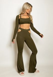 Khaki Cut Out Crop Top And Flare Trouser Set 