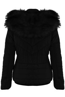 Black Puffer Jacket With Chunky Black Faux Fur Trim