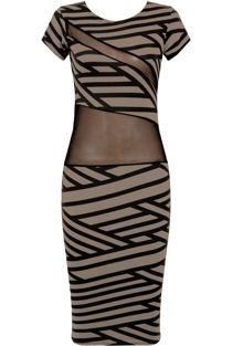 Beige and Black Striped Knitted Net Paneled Midi Dress