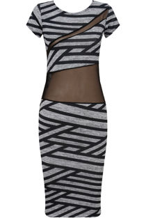 Grey and Black Striped Knitted Net Paneled Midi Dress