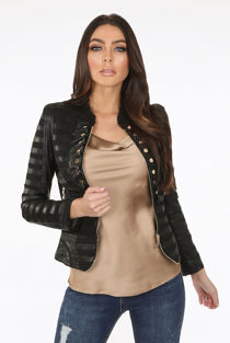 PU Buttons Trim Paneled Biker Jacket